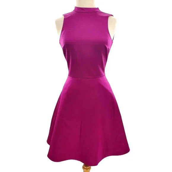 H&M 4 Satin Dress A-line Sleeveless High Neckline Zip-up Party Mini Pocket Pink - Picture 2 of 13